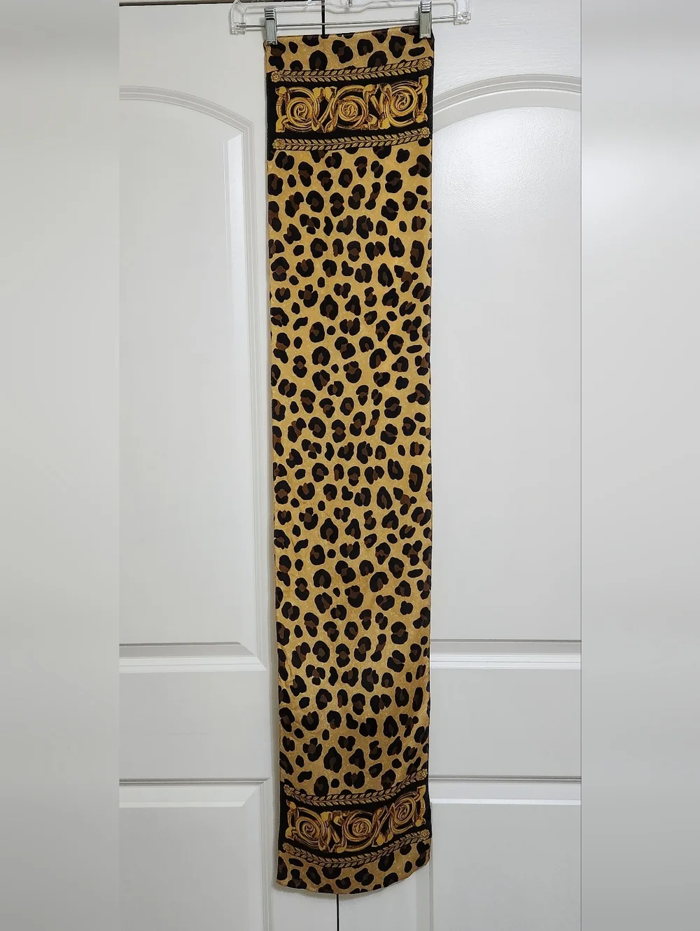 VINTAGE Anne Klein Whimsical Leopard Print Long Scarf in Tan, Black, Gold